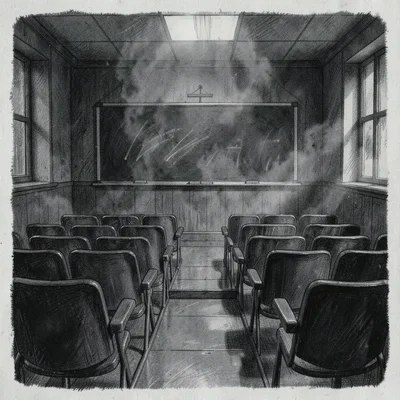 Brooding charcoal sketch of a darkened lecture hall with rows of empty tiered se