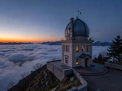 Mountain observatory with cloud sea below