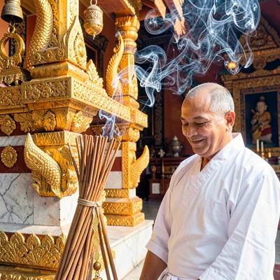 Lanna temple detail, Chiang Mai sacred ornament, incense sticks bundle burning, 