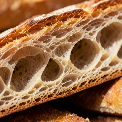 The internal crumb structure of a baguette, large irregular holes, the thin cris