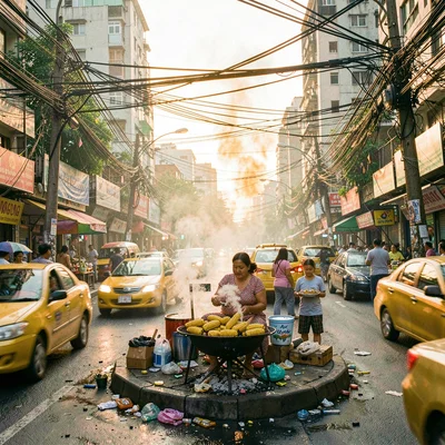 Documentary photograph of megacity life, dense urban scene, A woman selling gril