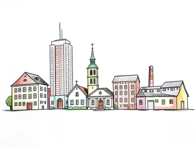 A hand-drawn cityscape skyline with different building types: skyscraper, church