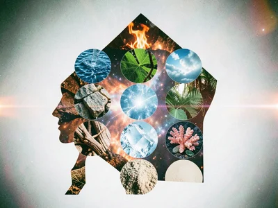 Grid of small circles, each filled with a different natural element: water, fire