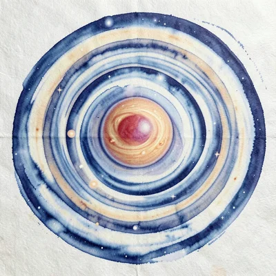 The banded atmosphere of Jupiter with its Great Red Spot rendered as concentric 