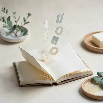 Papercraft onboarding scene of a paper-cut book opening with layered paper lette