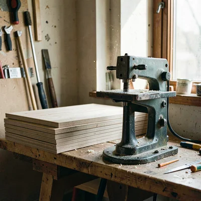 Atmospheric corner of a workshop with a finishing press standing beside a stack