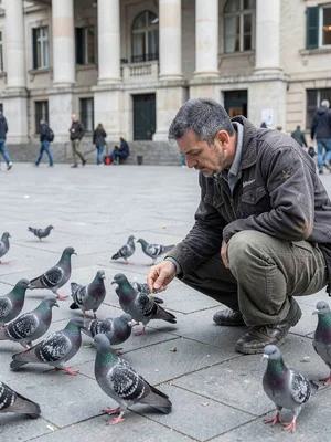Homeless man feeding pigeons in grey plaza, flat light according equal dignity