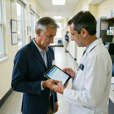 Documentary photography, unposed moment, Medical professional reviewing patient 