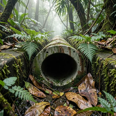 Tropical weathered surfaces, humid atmosphere, Concrete drainage pipe half-burie