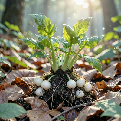 Module-card botanical of a wild ramp clump pulled from leaf litter, white bulbs 