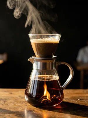 A siphon brewer in action, the upper chamber bubbling, flame underneath, the the