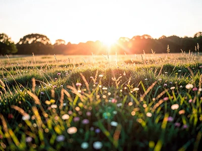 Grass meadow backlit at golden hour
