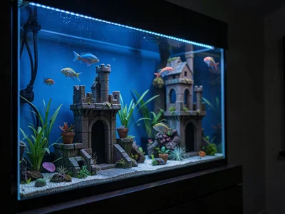 Decorative castle ruins, fish swimming through windows, the whimsy of aquarium d