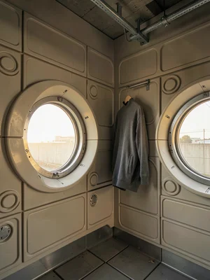Interior capsule corner: circular window, moulded plastic storage wall, one hang