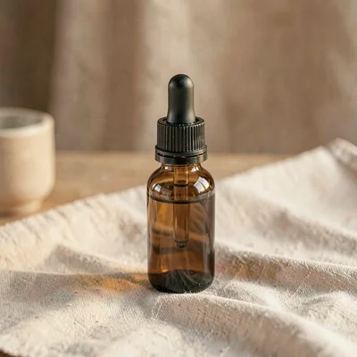 warm still-life of a small amber dropper bottle on linen, calm warm palette