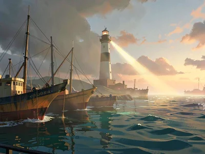 Hazy harbor at dawn with a single lighthouse beam slicing through sea mist, warm