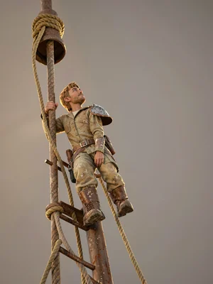 Halfway up a knotted rope a signal-tower-climber looks up toward an unseen rig, 