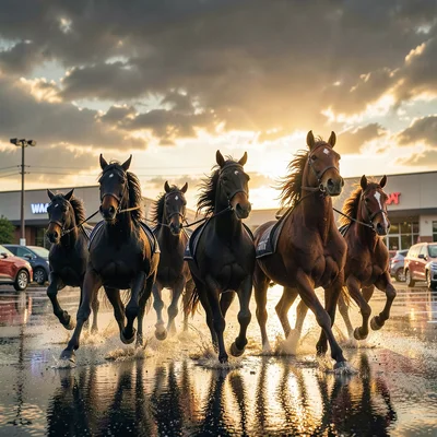 Powerful team of horses charging across a flooded Walmart parking lot