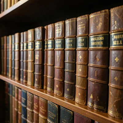 A row of leather-bound encyclopedias, gold-stamped volume numbers, the kind of r