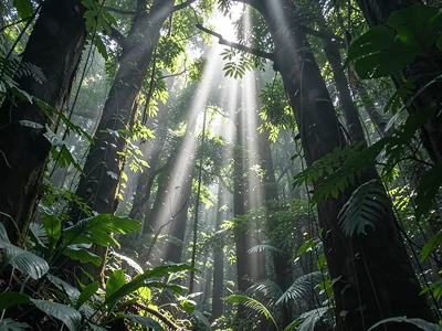 Cathedral light beam descending through canopy gap