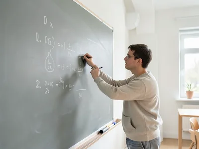 Teacher writing equations on a chalkboard, side view, bright classroom