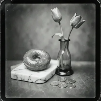 A single glazed donut on a marble slab next to a budvase with a dying tulip and 