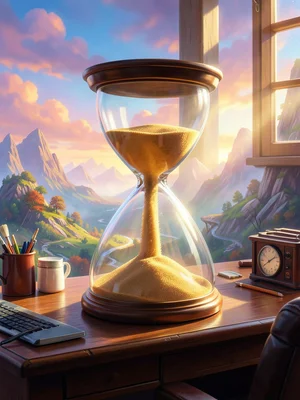Hourglass where sand flows from bottom to top, desk setting, afternoon light