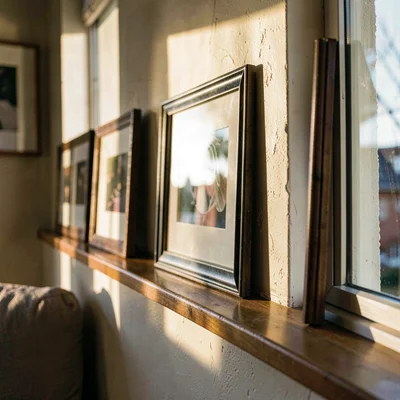 Cozy atmospheric of a row of frames catching warm afternoon light, soft falloff