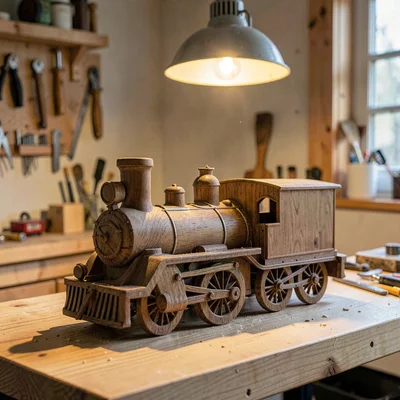 Hand-carved wooden train engine on a workshop bench under a warm pendant lamp, s