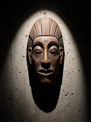 Carved wooden African mask mounted on raw concrete wall, dramatic spotlight