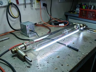 A glass tube with both electrodes attached lying on a technician's bench ready f