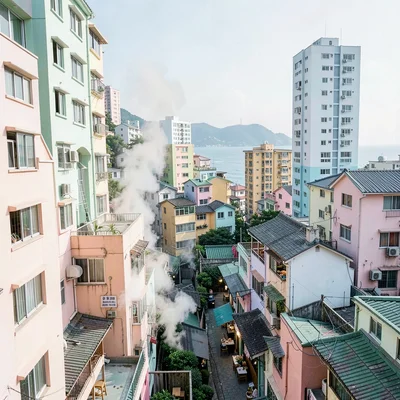 Busan vertical density, hillside village stacking, breakfast shop steam rising b