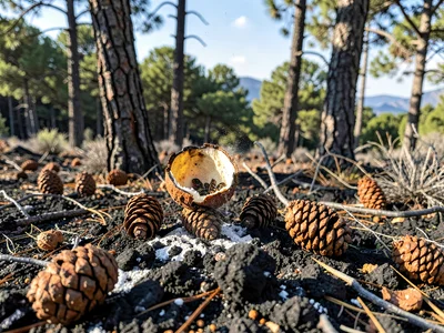 Pine cones opening after fire releasing seeds