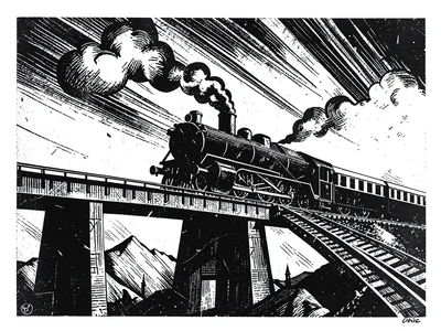 Train crossing a viaduct, locomotive as angular black mass, smoke slashed