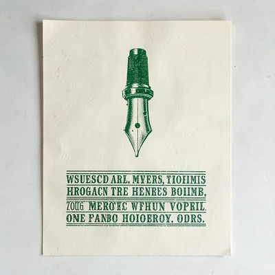 Riso flyer motif of a halftone fountain pen above a single line of decorative ty