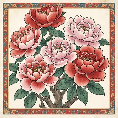 Peonies in full bloom, bold layered petals in pink and red