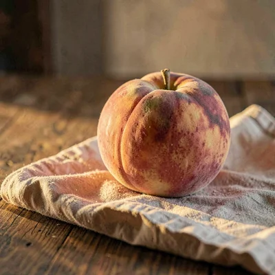 Tabletop hero of a single peach resting on folded linen, soft warm sidelight
