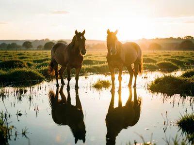 Two horses standing in a flooded meadow at sunset, their reflections perfect in 