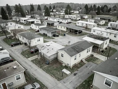 Mobile home park from a slight elevation — identical units, carports, small yard