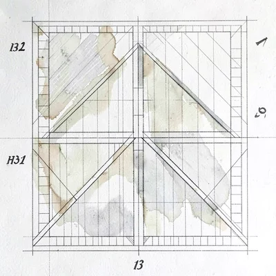 Top-down schematic of a hip-and-valley roof drawn as a four-quadrant grid with p