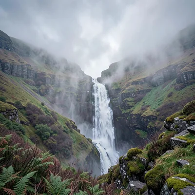 Highland atmospheric mist, Skye grey-green-purple, Waterfall descending through 