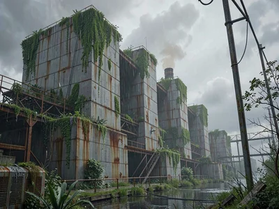 Power station turbine hall panorama with green moss carpets growing across the c