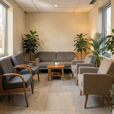 medical waiting room with comfortable seating, plants, soft light