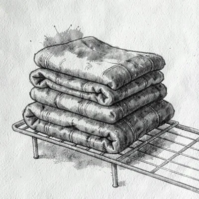 Indira-banerjee style charcoal of a stack of folded blankets on a wire rack, pap