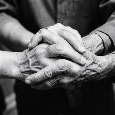 Two hands clasped together, one young and one elderly, knuckles and veins tellin