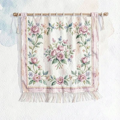 painterly watercolor of an embroidered wall hanging on whitewash