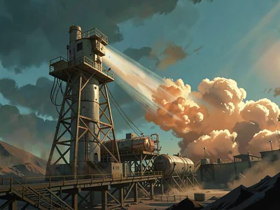 Deep-space mining rig dock with a parting cloud beam over a fuel tower, warm amb