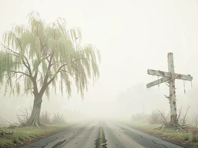 Dead willow at a crossroads, signpost rotted away, the roads themselves disappea