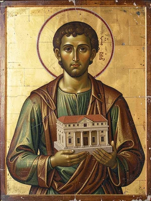Architect holding a building model, Byzantine spatial compression in scene