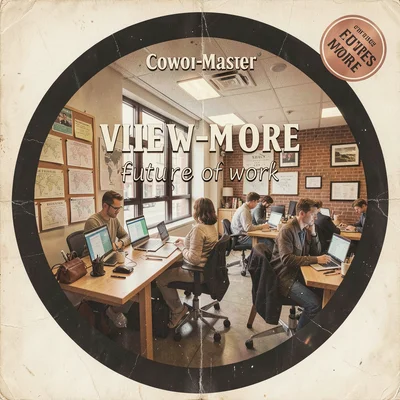 Coworking space hot desks as View-Master slide about the future of work